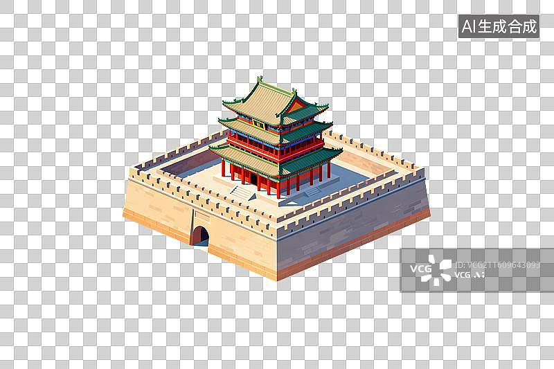 【AI数字艺术】卡通风格，一座古代城门楼PNG格式的免扣元素图片素材