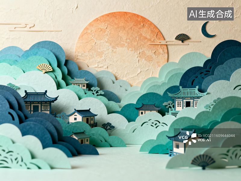 【AI数字艺术】纸艺山水庭院景观图片素材