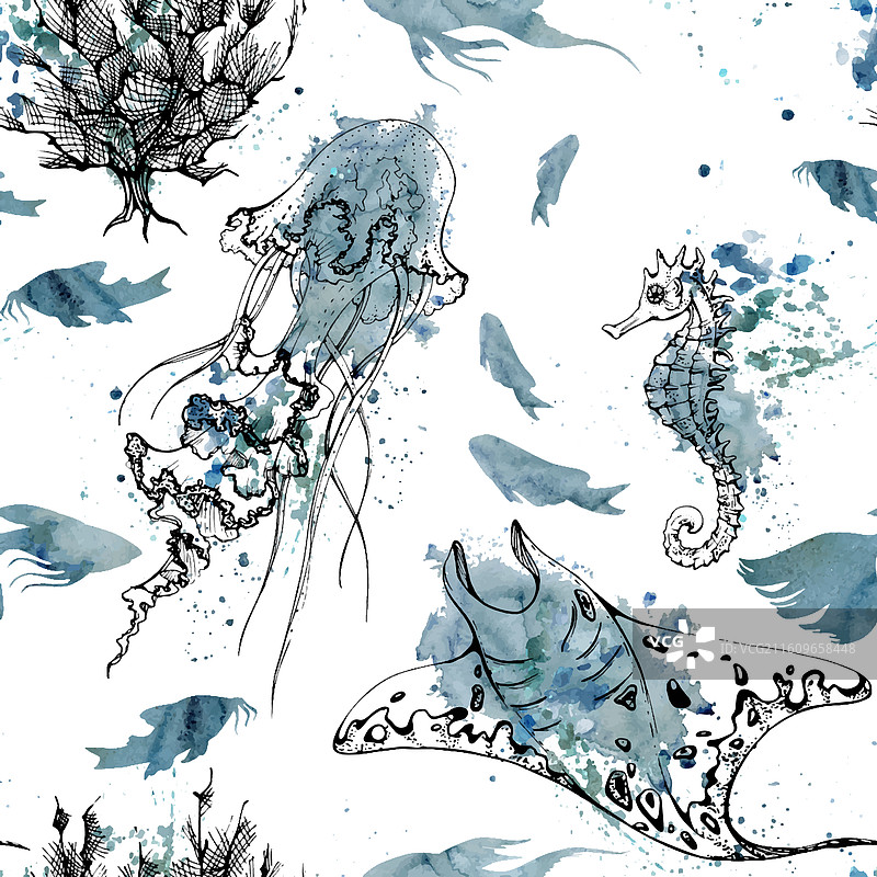 水彩和墨水手绘海洋生物海图片素材