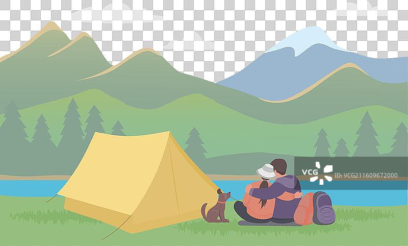 旅行者男女坐在帐篷旁图片素材