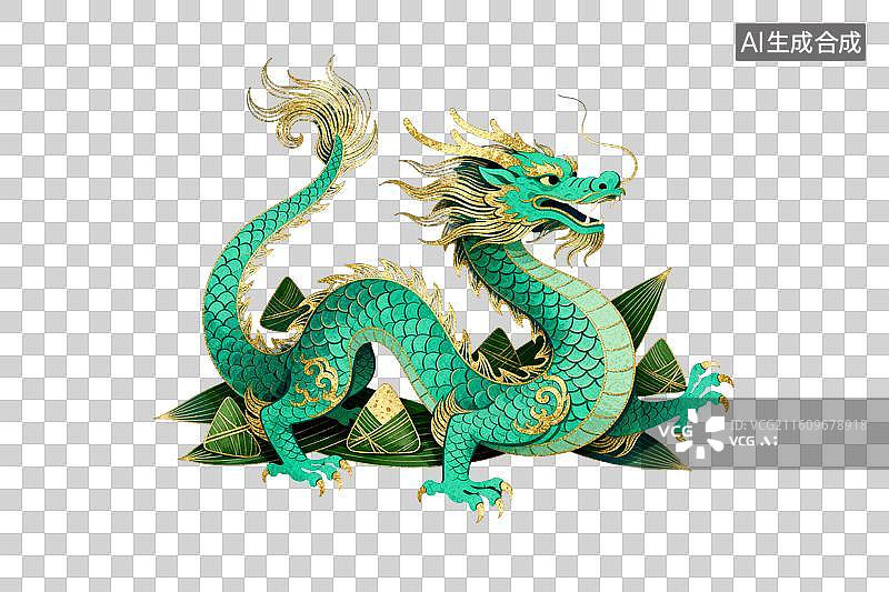 【AI数字艺术】青龙盘踞粽叶之上威严霸气图片素材