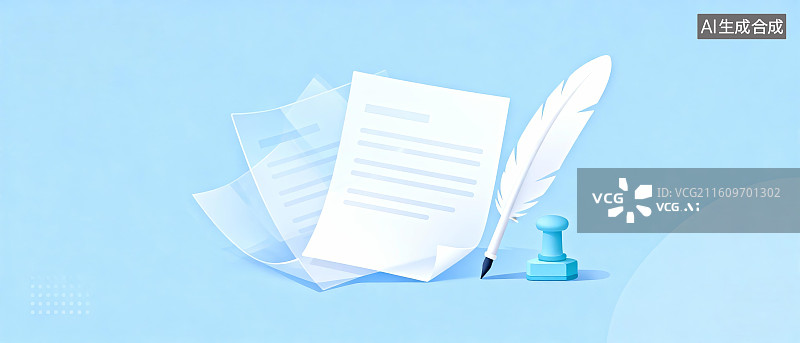 【AI数字艺术】羽毛笔与文件的静物插画图片素材