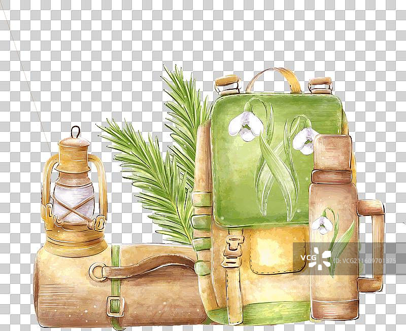 露营构图 水彩画 游客 背包图片素材