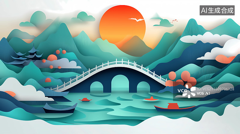 【AI数字艺术】中国风传统亭台楼阁凉亭山水插画图片素材