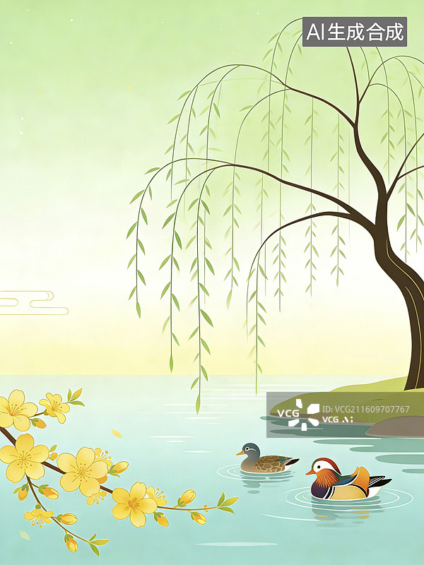 【AI数字艺术】湖畔垂柳鸭戏水图片素材