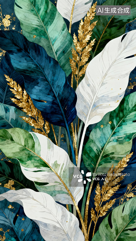 【AI数字艺术】绿植金箔轻奢风装饰背景场景图片素材