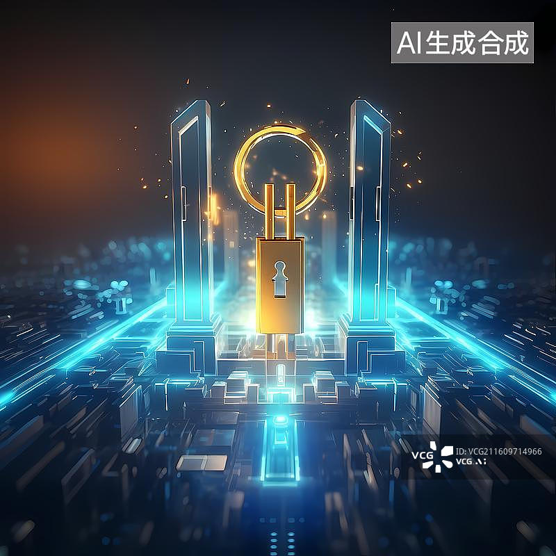 【AI数字艺术】未来粒子科技风钥匙数据安全背景图片素材
