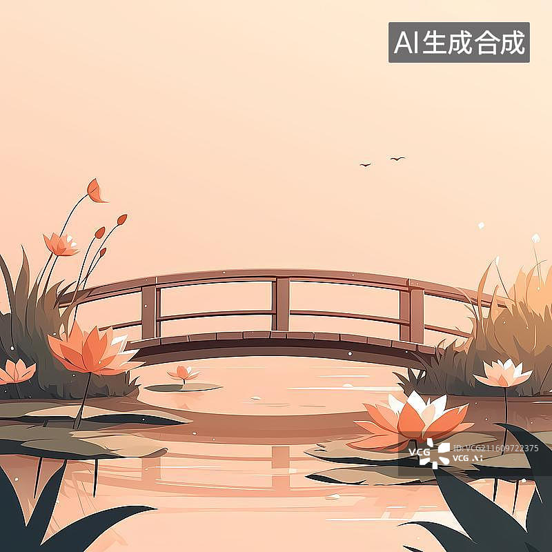 【AI数字艺术】暖色质感夏季栈桥莲花背景图片素材