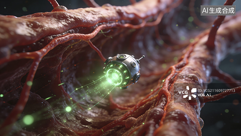 【AI数字艺术】纳米机器人在血管中的绿色能量束图片素材