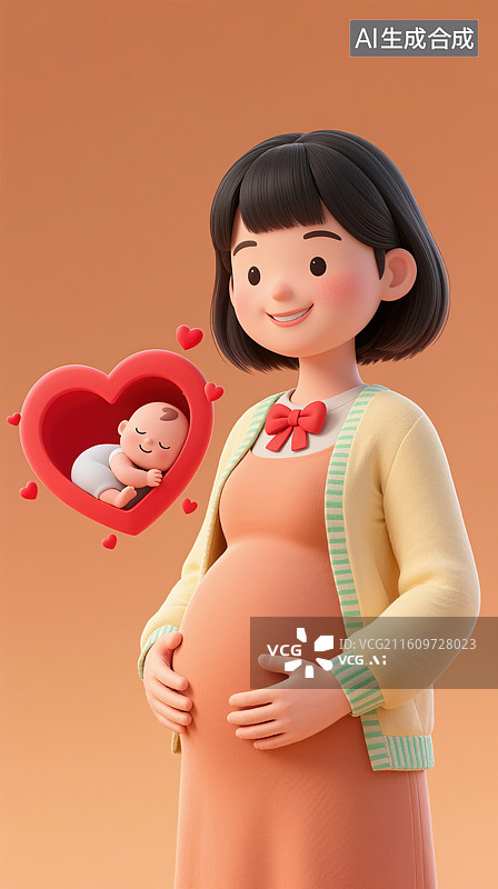 【AI数字艺术】3D三维怀孕的孕妇和在爱心中的小婴儿图片素材