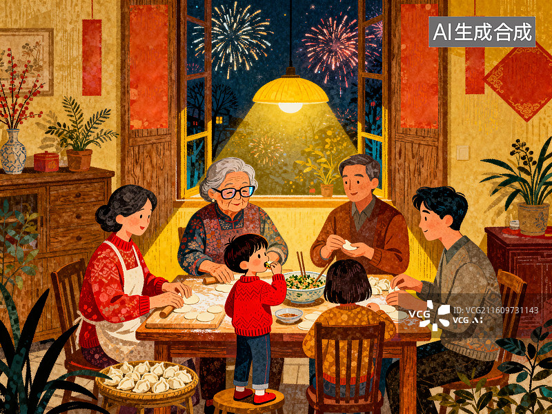 【AI数字艺术】全家人一起包饺子 中国传统节日插画系列图片素材