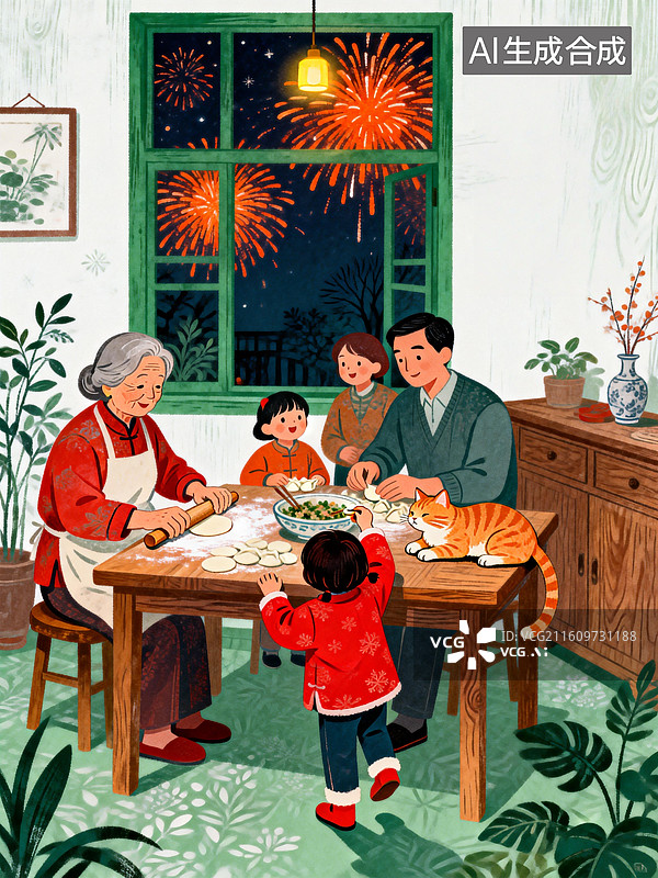 【AI数字艺术】全家人一起包饺子 中国传统节日插画系列图片素材