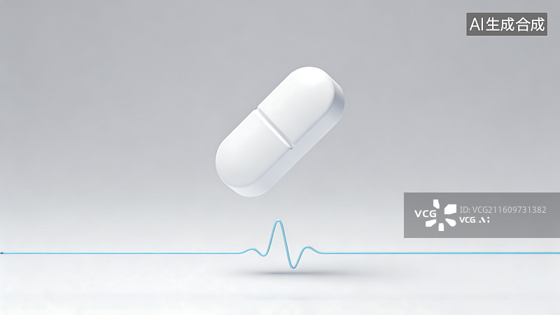 【AI数字艺术】白色药片与心跳线医疗概念图片素材