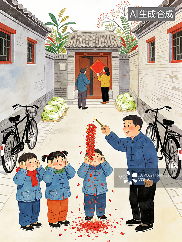 【AI数字艺术】胡同里孩子们捂耳朵看烟焰火爆竹 中国传统节日插画系列图片素材
