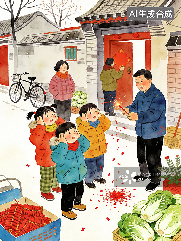 【AI数字艺术】胡同里孩子们捂耳朵看烟焰火爆竹 中国传统节日插画系列图片素材