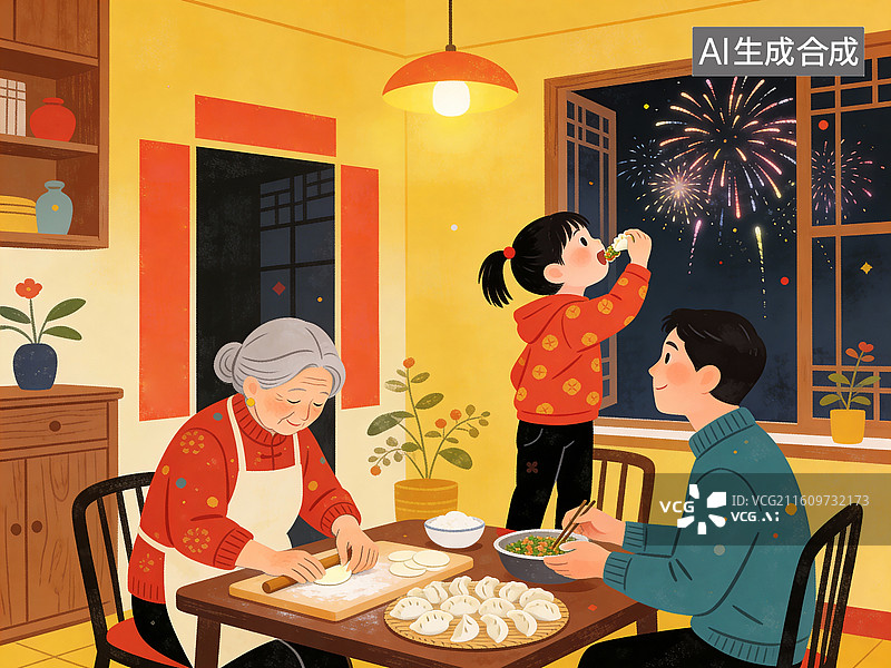 【AI数字艺术】全家人一起包饺子 中国传统节日插画系列图片素材
