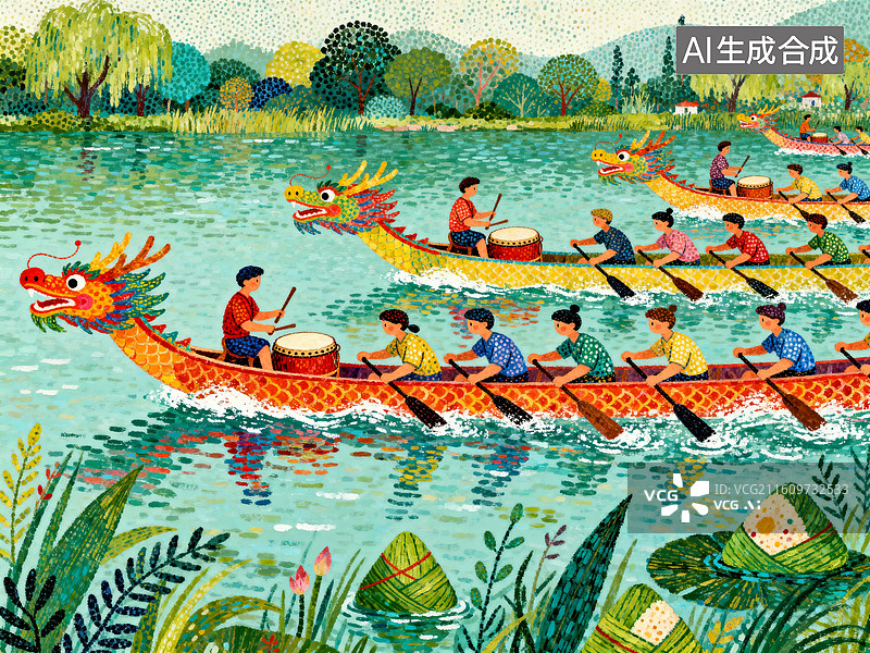 【AI数字艺术】端午竞渡：江边端午节赛龙舟场景图片素材