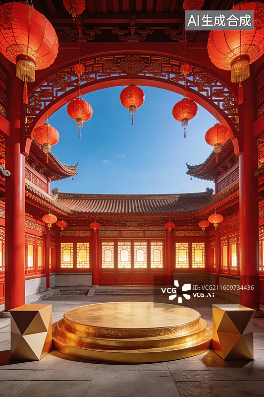 【AI数字艺术】传统庭院红灯高挂图片素材