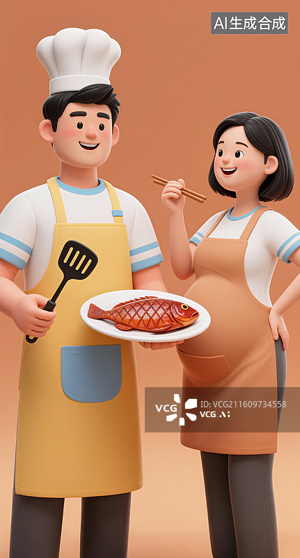 【AI数字艺术】3D三维穿着围裙带着厨师帽的丈夫做饭给怀孕的妻子吃图片素材