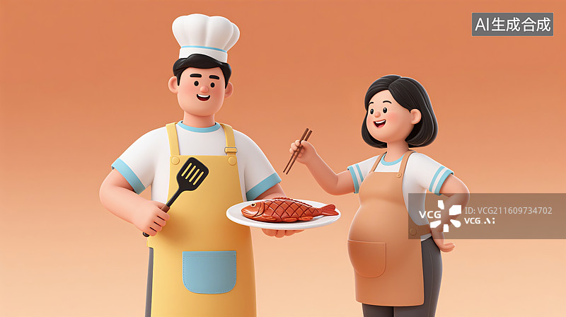 【AI数字艺术】3D三维穿着围裙带着厨师帽的丈夫做饭给怀孕的妻子吃图片素材