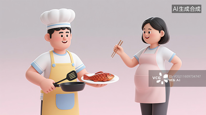 【AI数字艺术】3D三维穿着围裙带着厨师帽的丈夫做饭给怀孕的妻子吃图片素材