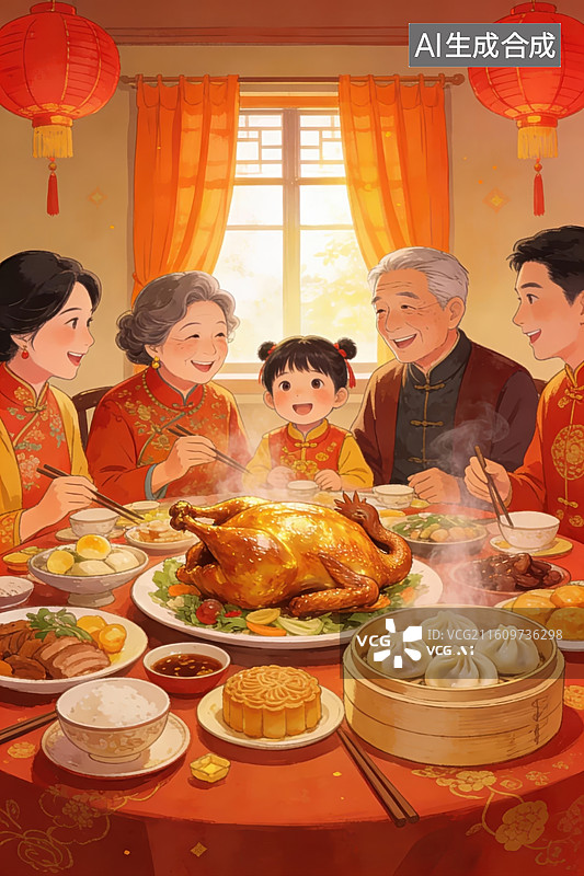 【AI数字艺术】家庭围坐享用团圆饭图片素材