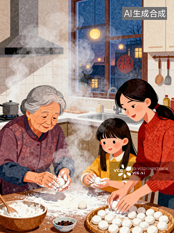 【AI数字艺术】元宵节：祖孙三代在一起制作汤圆图片素材