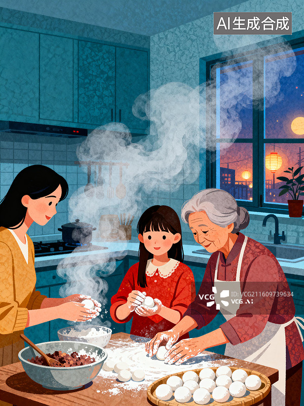 【AI数字艺术】元宵节：祖孙三代在一起制作汤圆图片素材