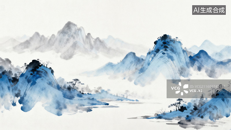 【AI数字艺术】水墨山水云雾缭绕图片素材