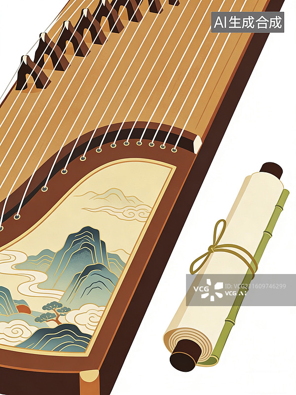 【AI数字艺术】古琴山水卷轴图图片素材