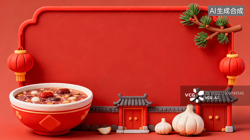 【AI数字艺术】古建大门一碗腊八粥大蒜红灯笼松枝腊八节三维粘土红色插画图片素材