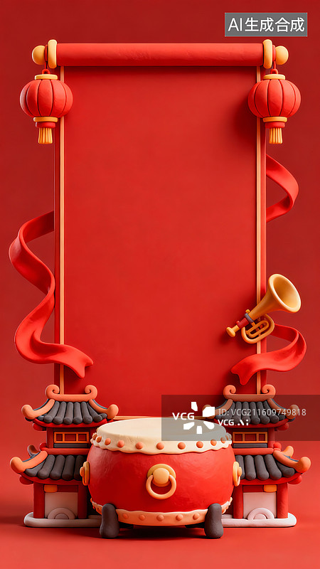 【AI数字艺术】春节红色大门屋檐灯笼唢呐大鼓丝带喜庆三维粘土红色插画图片素材