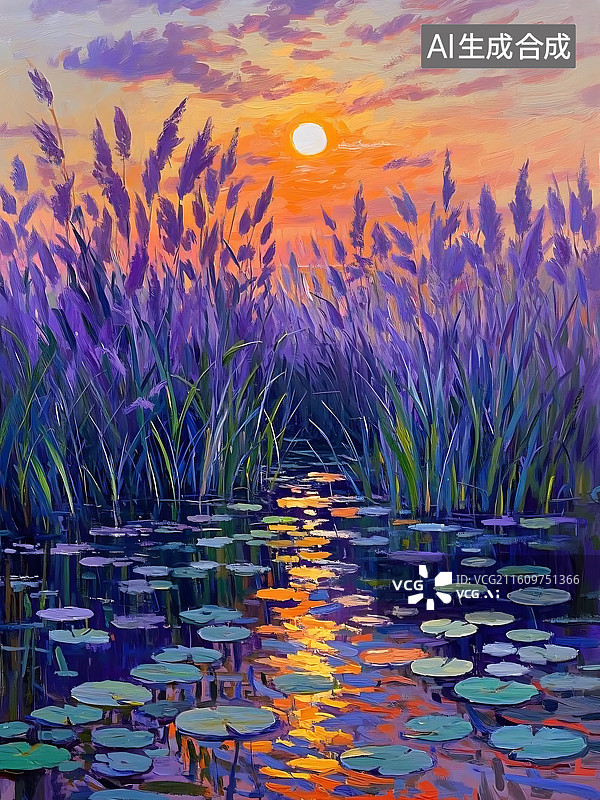 【AI数字艺术】落日余晖下的紫芒湖景图片素材