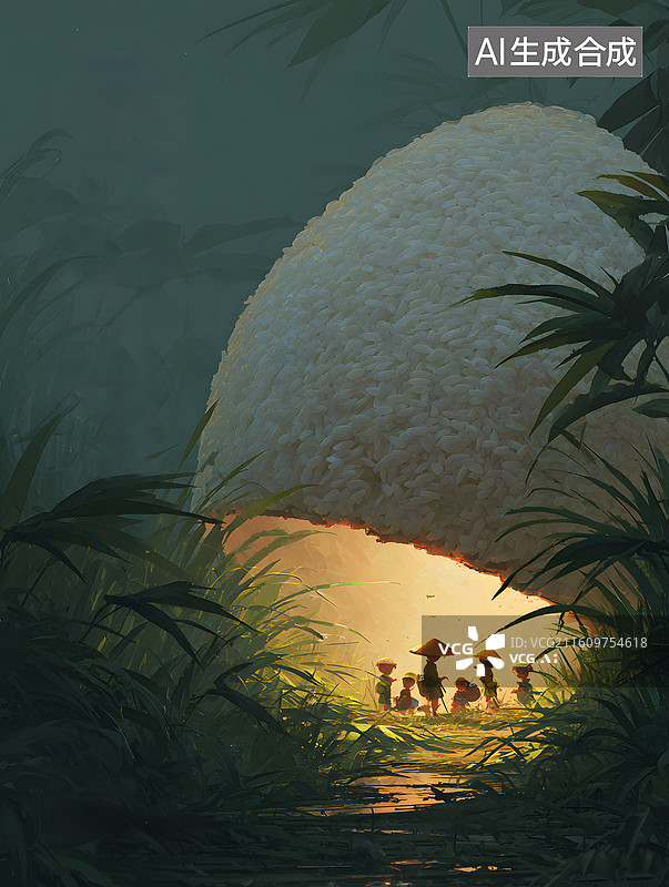 【AI数字艺术】发光米饭洞穴与戴斗笠的小朋友图片素材
