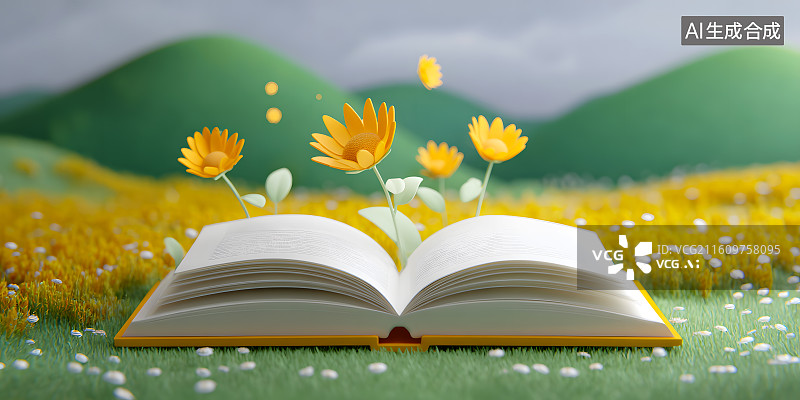 【AI数字艺术】花丛中一本打开的书图片素材