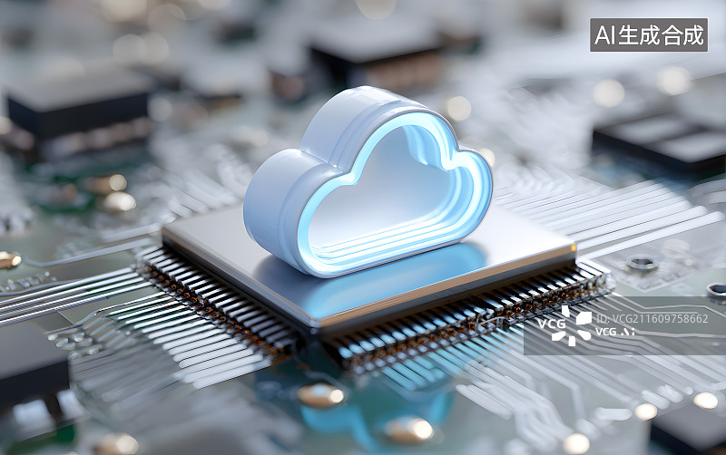 【AI数字艺术】芯片电路板上一个云计算标记图片素材