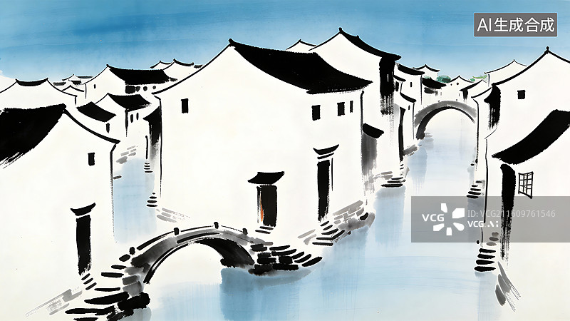 【AI数字艺术】江南水乡建筑水墨艺术图片素材