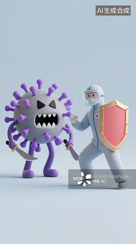 【AI数字艺术】3D三维身穿防护服的医生拿着盾牌与病毒细菌对抗图片素材