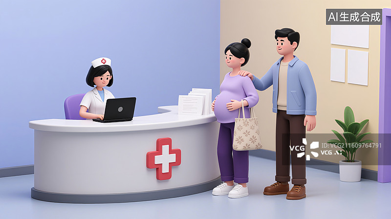 【AI数字艺术】3D三维孕妇和丈夫怀孕夫妇在医院门诊接待台挂号缴费图片素材