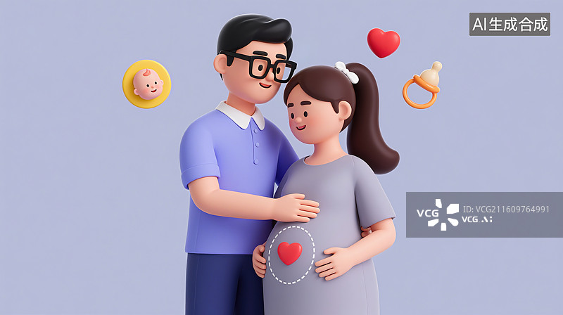 【AI数字艺术】3D三维幸福夫妇准父母温柔相拥的幸福时刻勾勾抚摸抚摸孕妇肚子图片素材