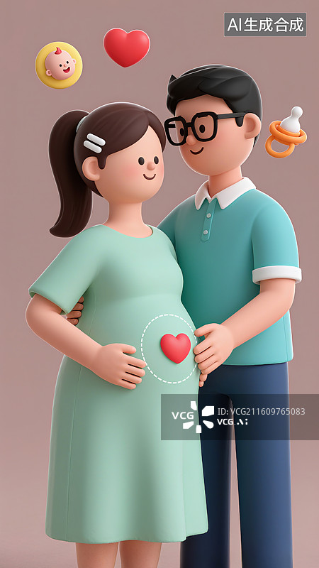 【AI数字艺术】3D三维幸福夫妇准父母温柔相拥的幸福时刻勾勾抚摸抚摸孕妇肚子图片素材