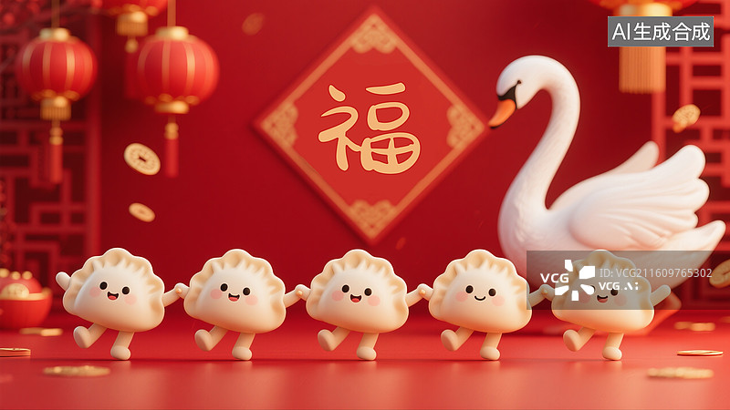 【AI数字艺术】过年春节插画，拟人化的饺子拉手跳天鹅湖舞蹈图片素材
