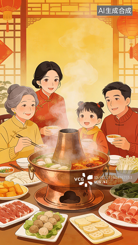 【AI数字艺术】春节过年团圆饭插画，年夜饭，传统美食，铜火锅图片素材