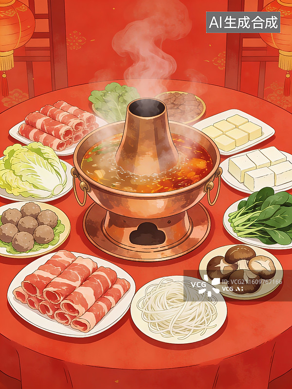 【AI数字艺术】春节过年团圆饭插画，年夜饭，传统美食，铜火锅图片素材