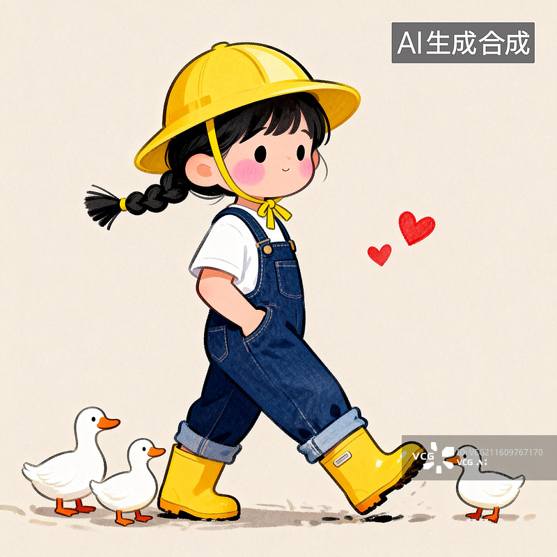 【AI数字艺术】可爱小女孩，她梳着单侧黑色小麻花辫，戴着亮黄色宽檐安全帽，脚蹬黄色雨靴，白色小鸭子图片素材