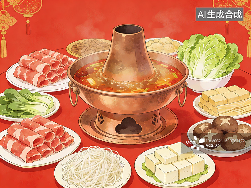 【AI数字艺术】春节过年团圆饭插画，年夜饭，传统美食，铜火锅图片素材