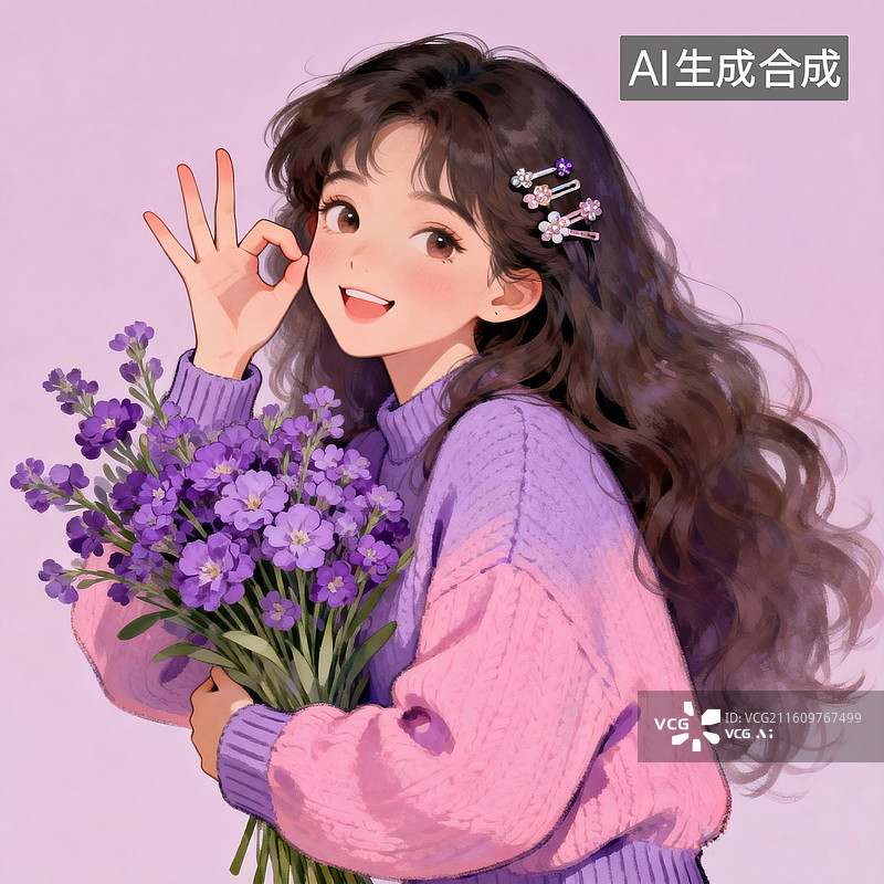 【AI数字艺术】一个蓬松长发的漂亮小姐姐，穿着粉紫色毛衣，头上戴着漂亮的发卡，手里抱着一束紫色花朵，做着比OK的手势图片素材