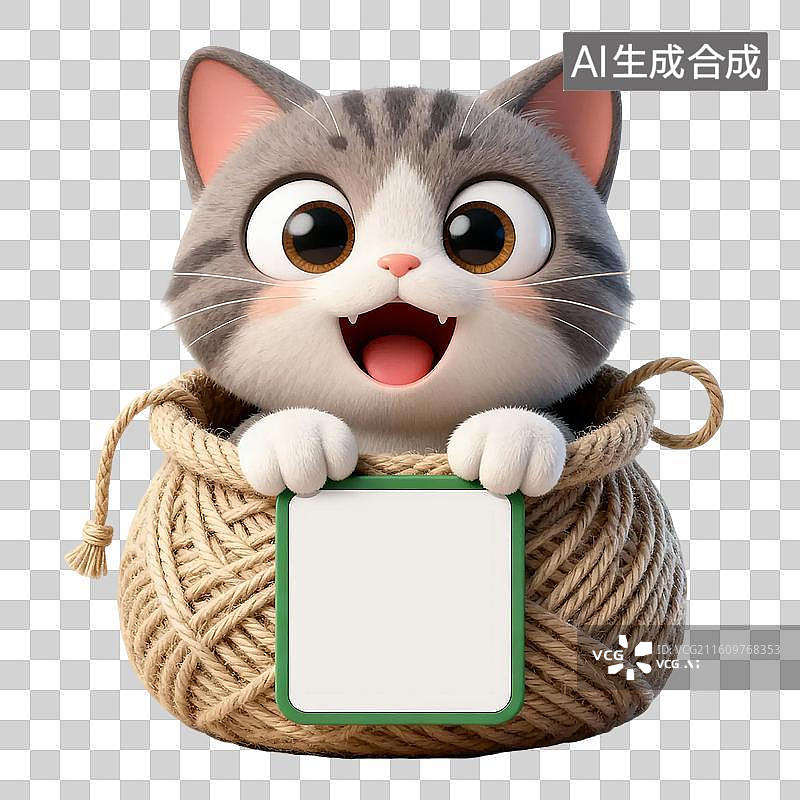 【AI数字艺术】3D毛线电商促销举着付款二维码的猫咪插画免抠元素图片素材