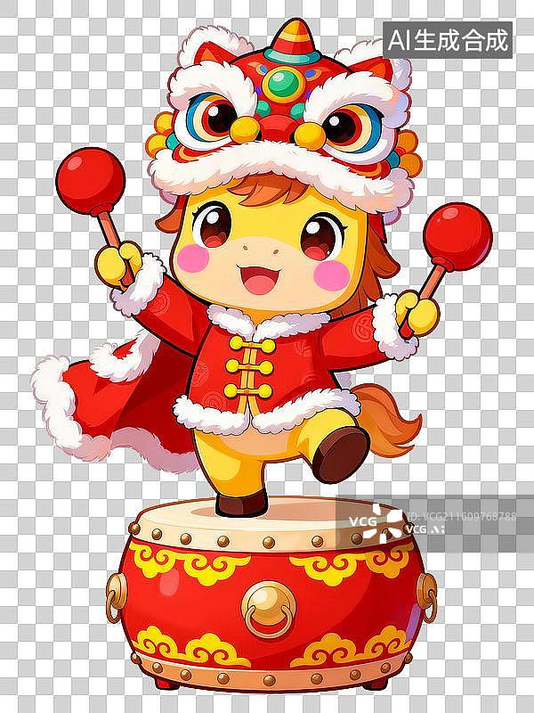 【AI数字艺术】国风国潮风线描卡通新年春节舞狮醒狮马年插画免抠元素图片素材