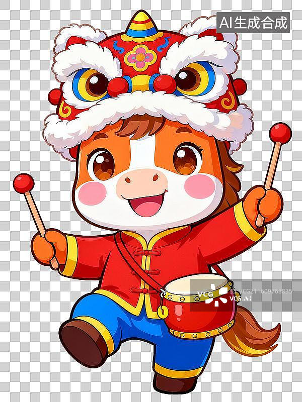 【AI数字艺术】国风国潮风线描卡通新年春节舞狮醒狮马年插画免抠元素图片素材